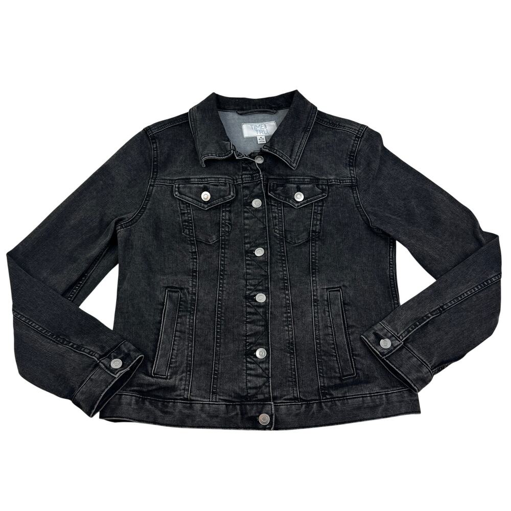 Time and Tru Distressed Black Wash Classic Cotton Denim Jacket Women's Size M